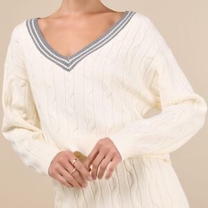Cable Knit Varsity Sweater Ivory and Heather Grey
